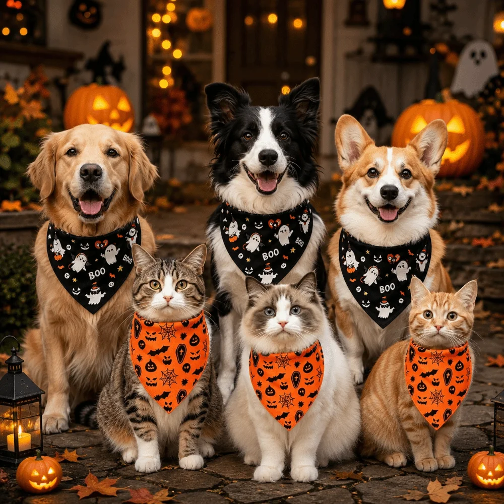 Cute Pet Halloween Bandana Pumpkin Print Ghost Pattern Pet Holiday Bib Lightweight Washable Dog Triangle Scarf Photo Props
