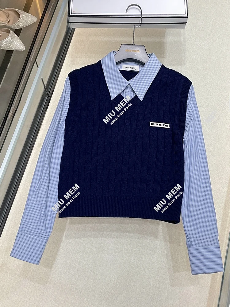 

Miumem Premium Autumn Winter College Sle irt Knitted Sweater Fake Two-Piece Top Women's Faion Commute Sle Button Detail