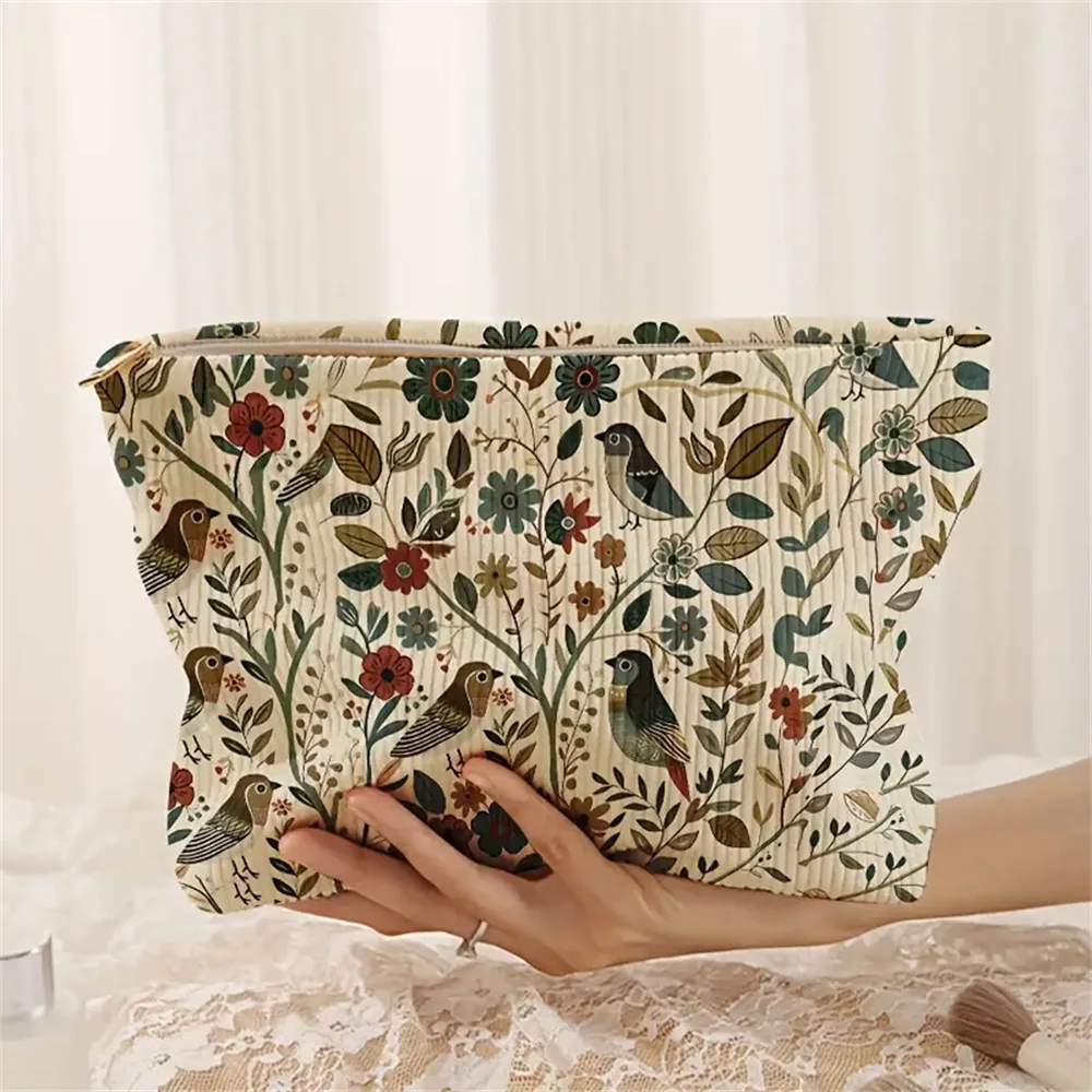 1pc, Branch Bird Pattern Corduroy Zipper Makeup Bag, Lightweight and Multifunctional Cosmetic Storage