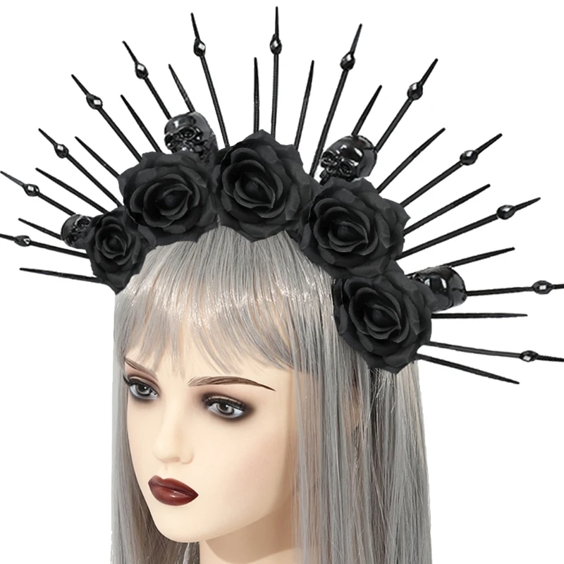 Women Gothic Spiked Headband Lady Bride Flower Crown for Halloween Party Supply Floral Garlands Crown Hair Skull Floral Headband