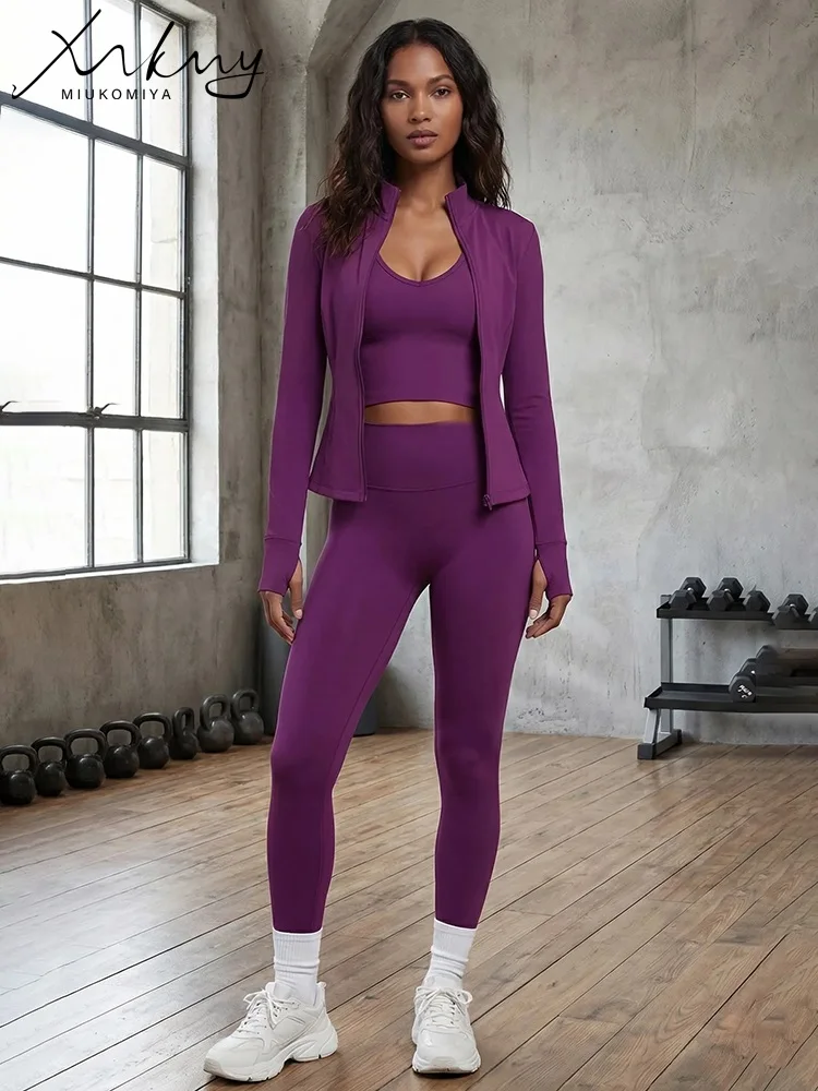 

MiuKoMiYa Slimless Legging 3 Pieces For Women Long Sleeve Jackets Fitnwass Tight Pants Sports Camis Gym Suits Outerwear Shorts