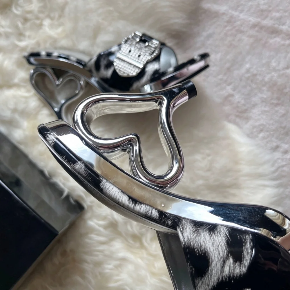 Silver Golden Heels Full  Rhinestones Belt Buckles Slippers Women Slip On Pull On Slides Fretwork Heel Sandalias De Mujer 2026
