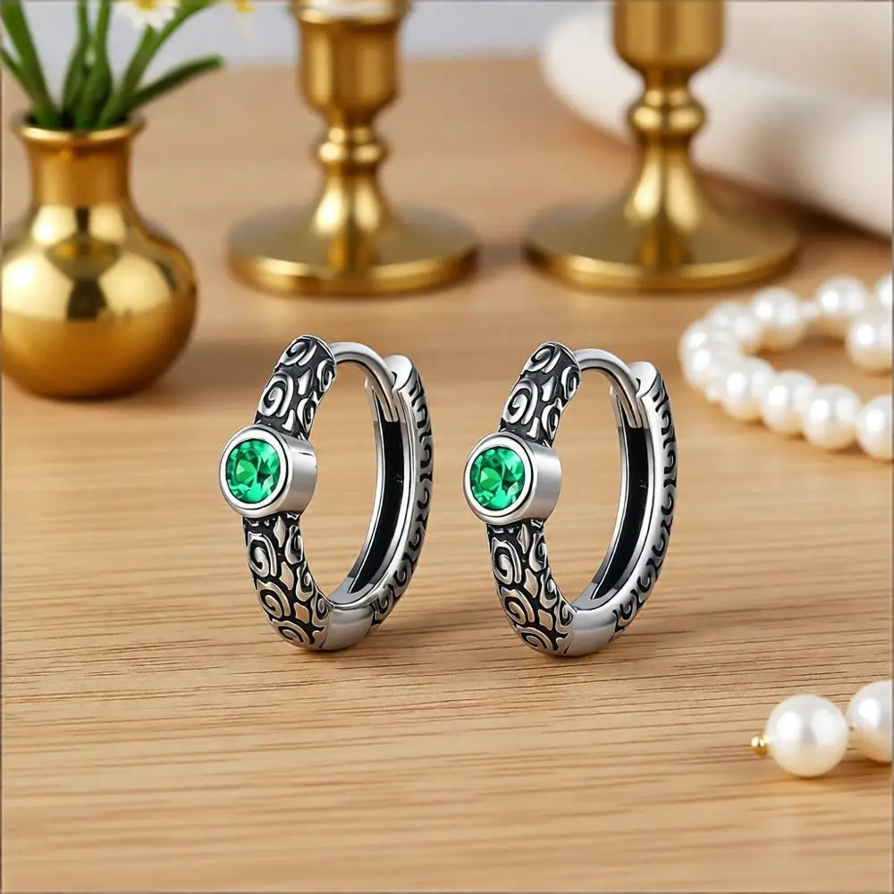 

Vintage 925 Sterling Silver Green Zircon with Carving Parttern Ear Buckle Hoop Earrings for Women Wedding Party Jewelry Gifts
