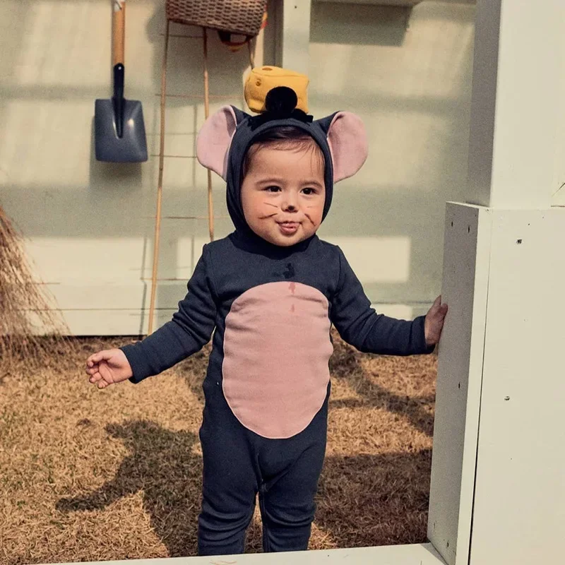 HoneyCherry New Halloween Baby Mouse Romper z kapturem Noworodek Bawełniany kombinezon z długim rękawem