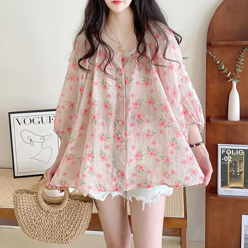 Spring Autumn New Fashion Printing Pure Cotton Blouses Women\'s Clothing Floral V-neck 3/4 Sleeve Button Sweet Loose Baby Shirt