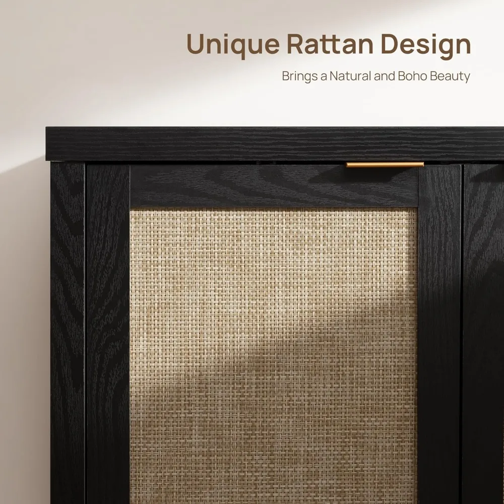 ボヘミアンスタイルの大きなラタン製コーヒーバーキャビネット（収納付き）- 3ピースファームハウスコンソールセット