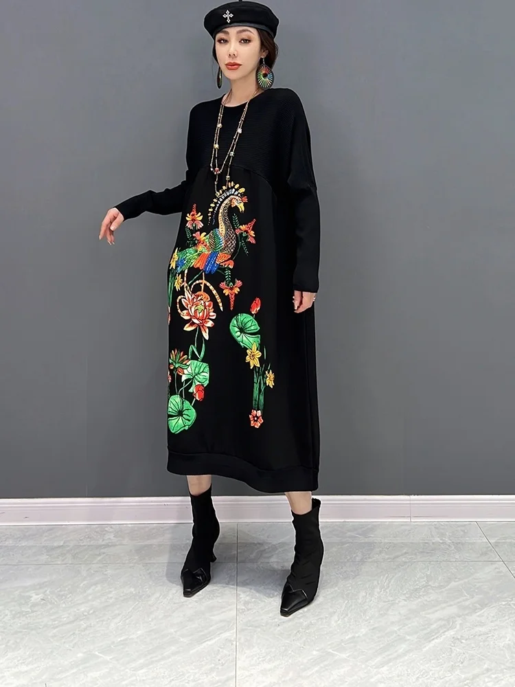 Vefadisa 2024 Autumn Fashion Women Round Neck Pullover Dress Loose Mid-length Printing Embroidery Knitting Dress Black LHX2550