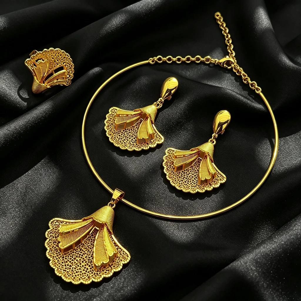 Dubai 24k Gold Plated Jewelry Sets For Women Ethiopian Indian Bridal Fan-Shaped Necklace And Earrings Set Wedding Party Gift