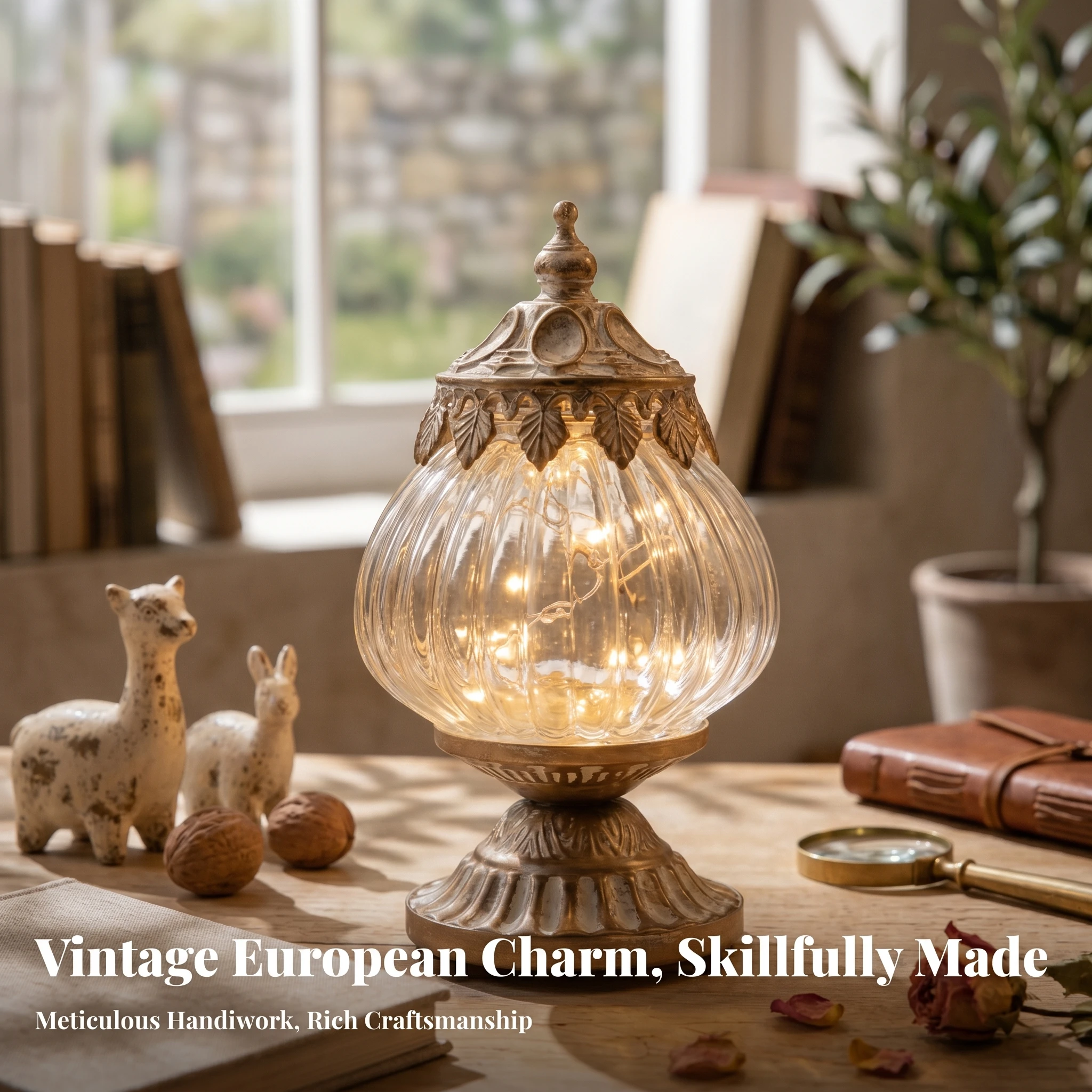 Vintage Ribbed Glass Lantern Ornately Detailed Decorative Object for Home Shelf or Tabletop Decor Display Use