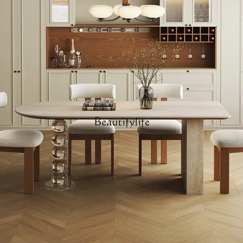 

LJY*designer French cream style minimalist dining table Acrylic travertine rock slab dining table