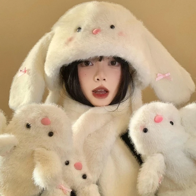 Furry Bunnies Trapper Hat Bufanda Guantes para calidez Cómodos accesorios invierno