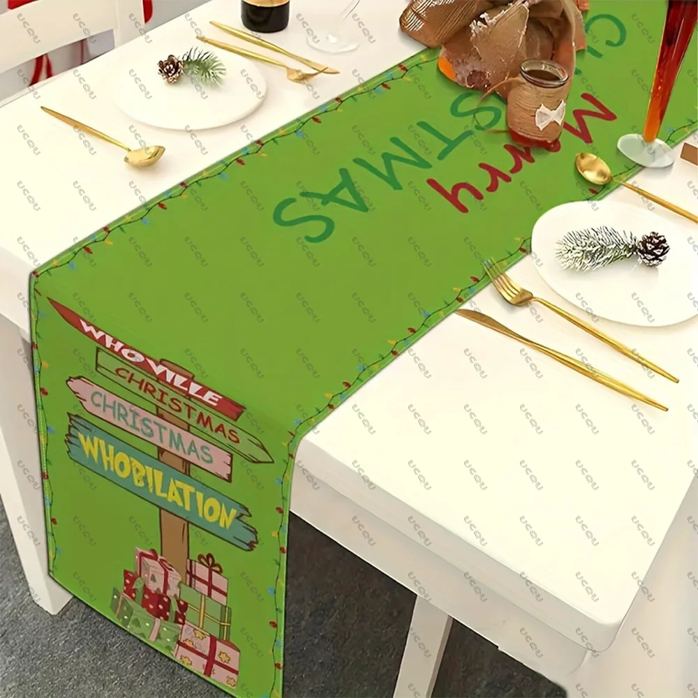 Herbst Whoville-inspirierter Leinentisch Herbst Tischläufer Topper Esszimmer Kaffee Tee Dekor Party Festliches Weihnachtsgeschenk Flagge Weihnachten