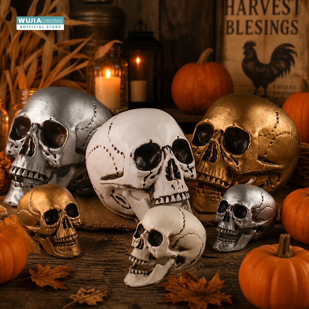 

Realistic Plastic Human Skull Head Skeleton Halloween Style Photo Prop Cranium Haunted House Statue Party Yard Decor Supplies