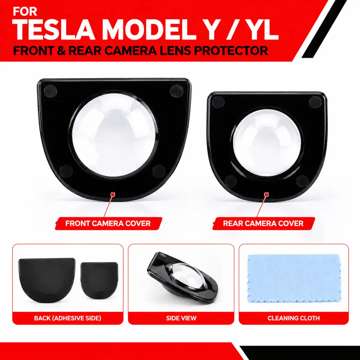 PINMOAP Fit for Tesla Model Y Juniper 2025+ and Model YL Front and Rear Camera Protector Covers Black Frame Clear Lens