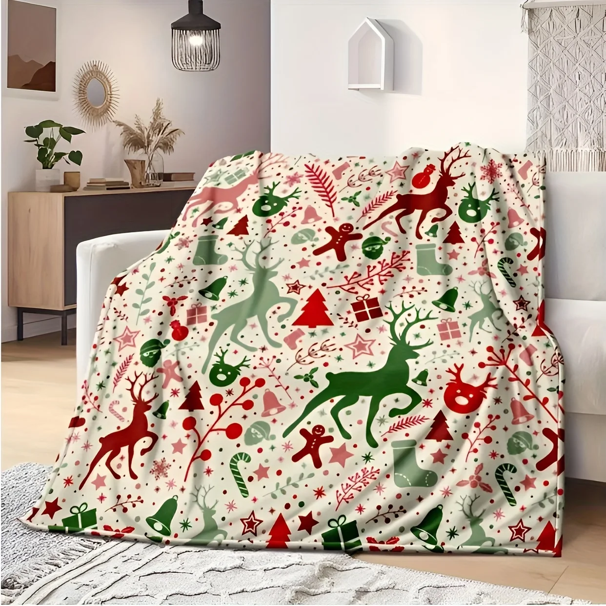 

Cozy Christmas Reindeer & Tree Blanket Soft Flannel Four Seasons Sofa Bed Office & Camping Living Room Picnic Holiday Decoration