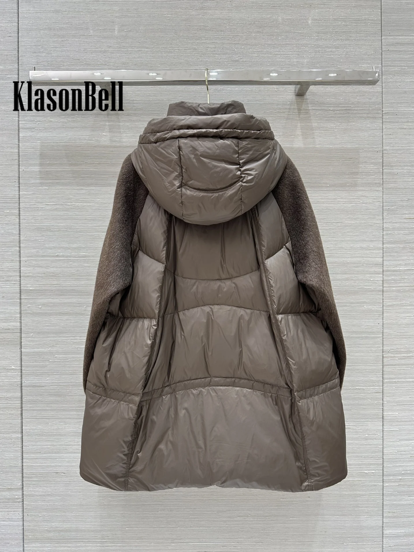 10.7 KlasonBell-Women 2024 Autumn Winter New Wool Spliced Quilted Hooded White Duck Down Loose Zipper Outerwear