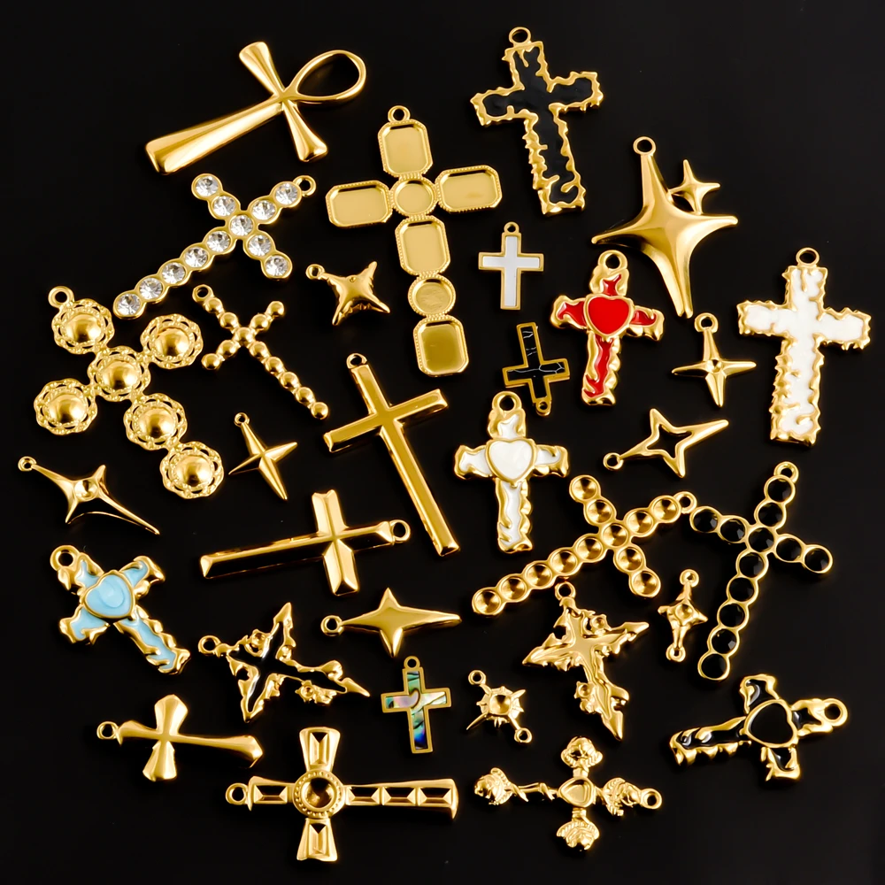 

5pcs Punk Black Oil Dripping Cross Charm Stainless Steel Pendant For Jewelry Making Necklace Earrings Keychain DIY Star Material