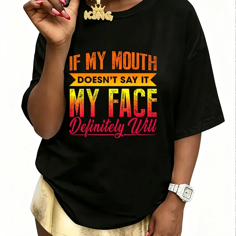 If My Mouth Doesn'T Say It My Face Definitely Will Retro Women's 100% Cotton T-Shirt Short Sleeve Top Casual Round Neck Fun Print Tee S-5Xl