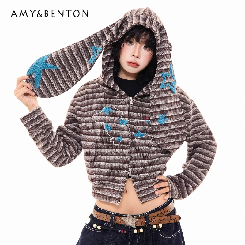 

Американский ретро полосатый женский свитшот с капюшоном и длинными ушками, осеннее новое милое крутое индивидуальное модное универсальное короткое пальто для женщин