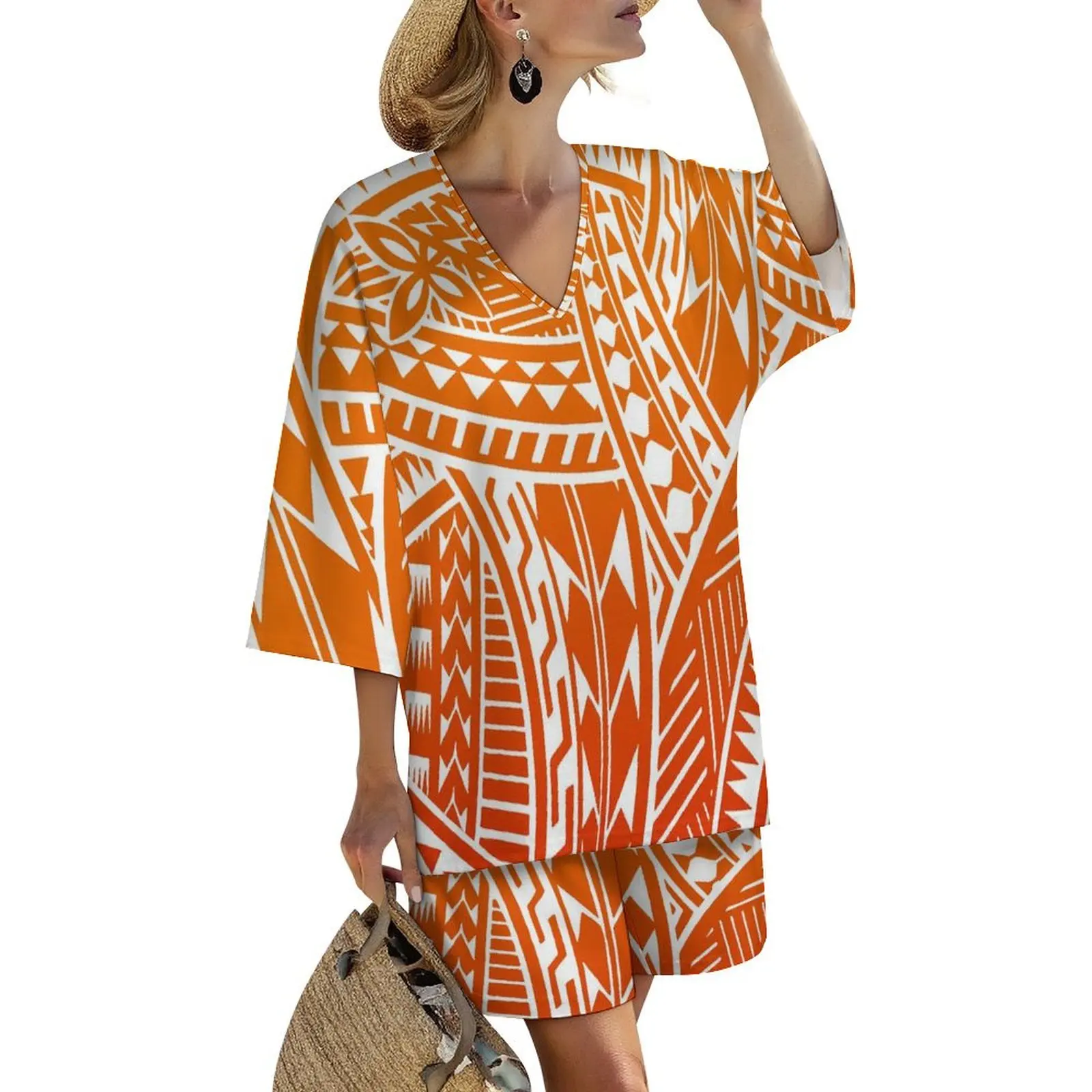 

Модные женские пляжные брюки на заказ, брюки для йоги с полинезийским племенным принтом, женские короткие широкие свободные брюки с v-образным вырезом и рукавами «летучая мышь», топ se