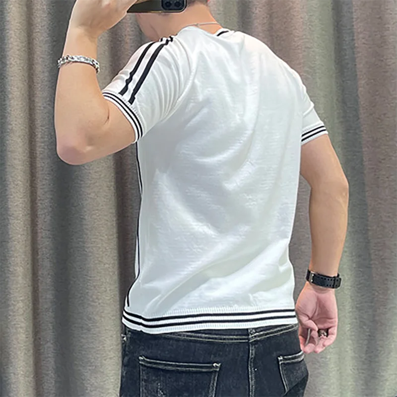 Irregular Lines Herren-Strick-T-Shirt, Sommer, Schwarz, Weiß, Kontrastfarbe, Rundhalsausschnitt, kurze Ärmel, atmungsaktives Strick-T-Shirt – Detail 11