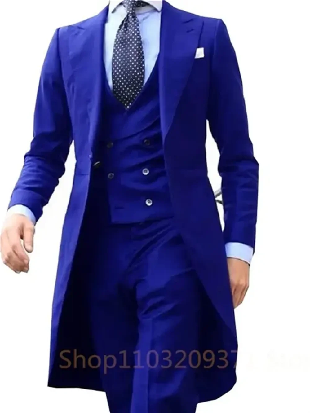 3 Piece Royal Blue Long Tail Coat Gentleman Man Suits Male Fashion Groom Tuxedo for Wedding Prom Jacket Waistcoat with Pants