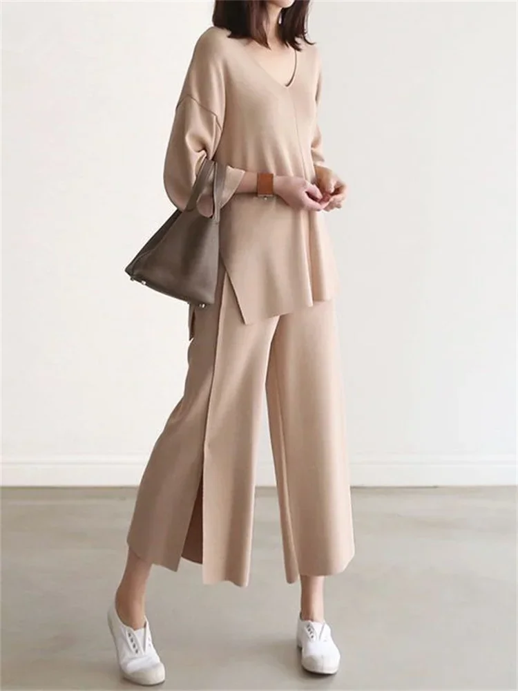 Solid Knitted Two Piece Sets Womens Outifits New Fashion Loose V Neck Split Top Casual High Waist Wide Leg Pants Sets