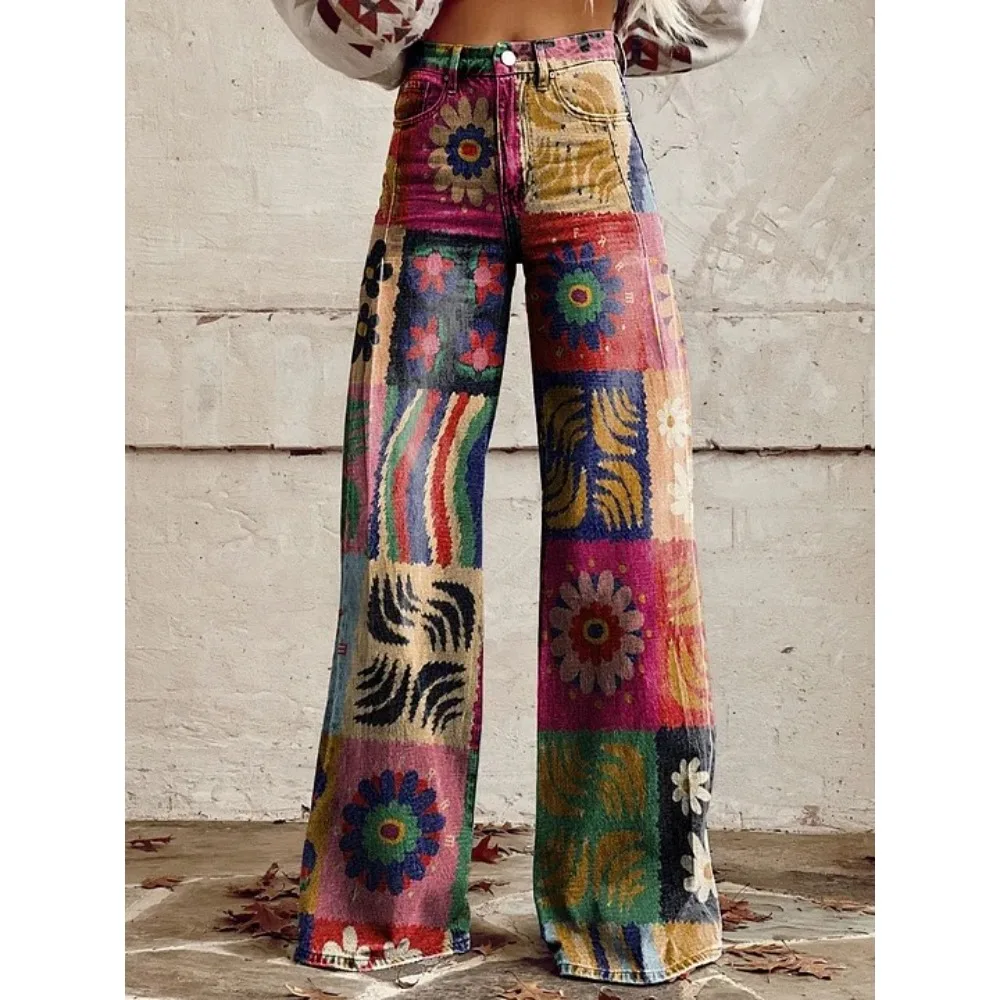 Damen Blaue Orientalische Pflaumenblüten-Druck Hose mit Hoher Taille und Weitem Bein Vintage Blumenmuster Y2K Ästhetik Lose Hose Retro Streetwear – Detail 4