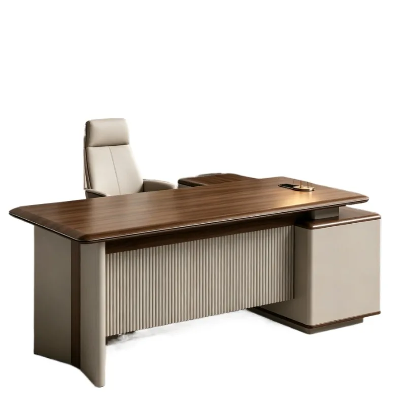 Modern L-shaped luxury wooden executive CEO desk with multi-function cable box for easy assembly