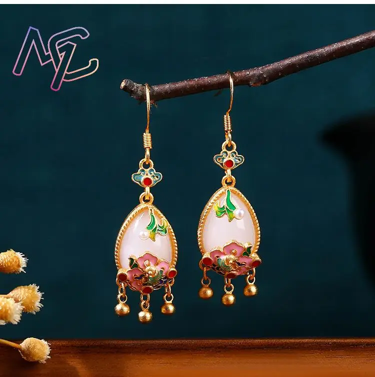 Natural Jade Flower Earrings Charm Amulet Designer Real Jewelry Vintage Accessories 18K Gold Plated Gifts for Women - view 5