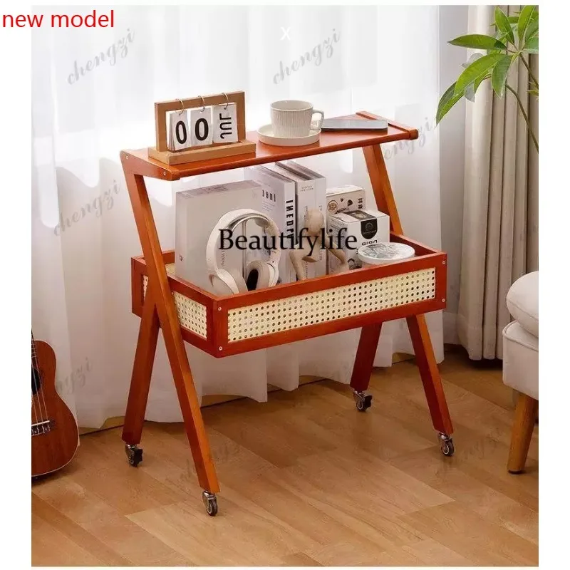 DD182Movable, storage, living room side several one-piece household multi-functional small apartment shelf solid wood
