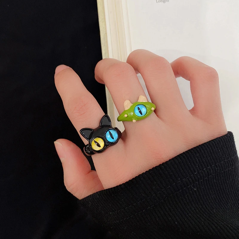 Y2K Cute One-eyed Monster Ring for Women Colorful Eye Shape Geometric Metal Opening Adjustable Ring for Men Jewelry Couple Gifts