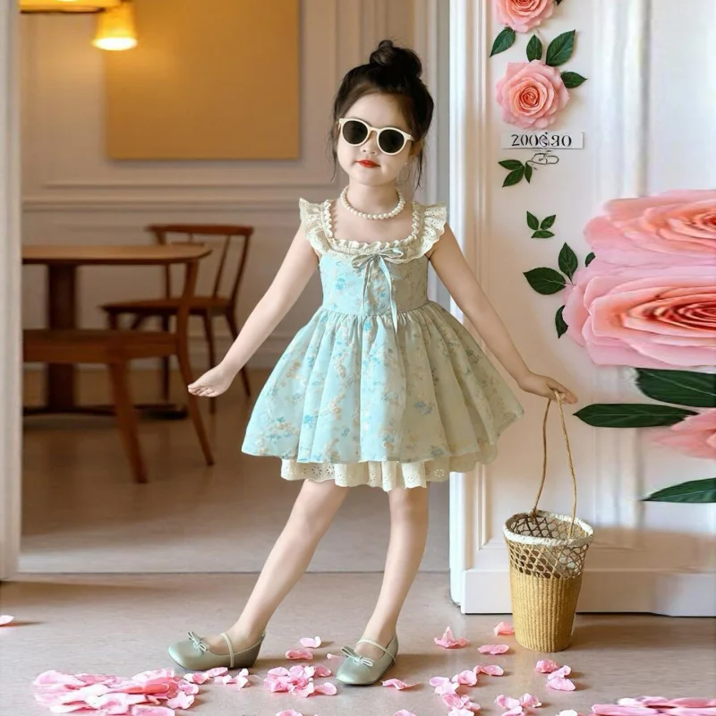 In-stock, quick delivery: Girls' floral dress with small flutter sleeves, new summer style, sweet princess dress for little girl