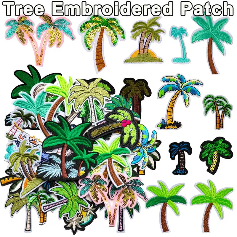 Parches bordados de árbol de coco para coser/planchar, apliques para ropa, vestido, costura de flores, parche, accesorio DIY, 5/20 piezas