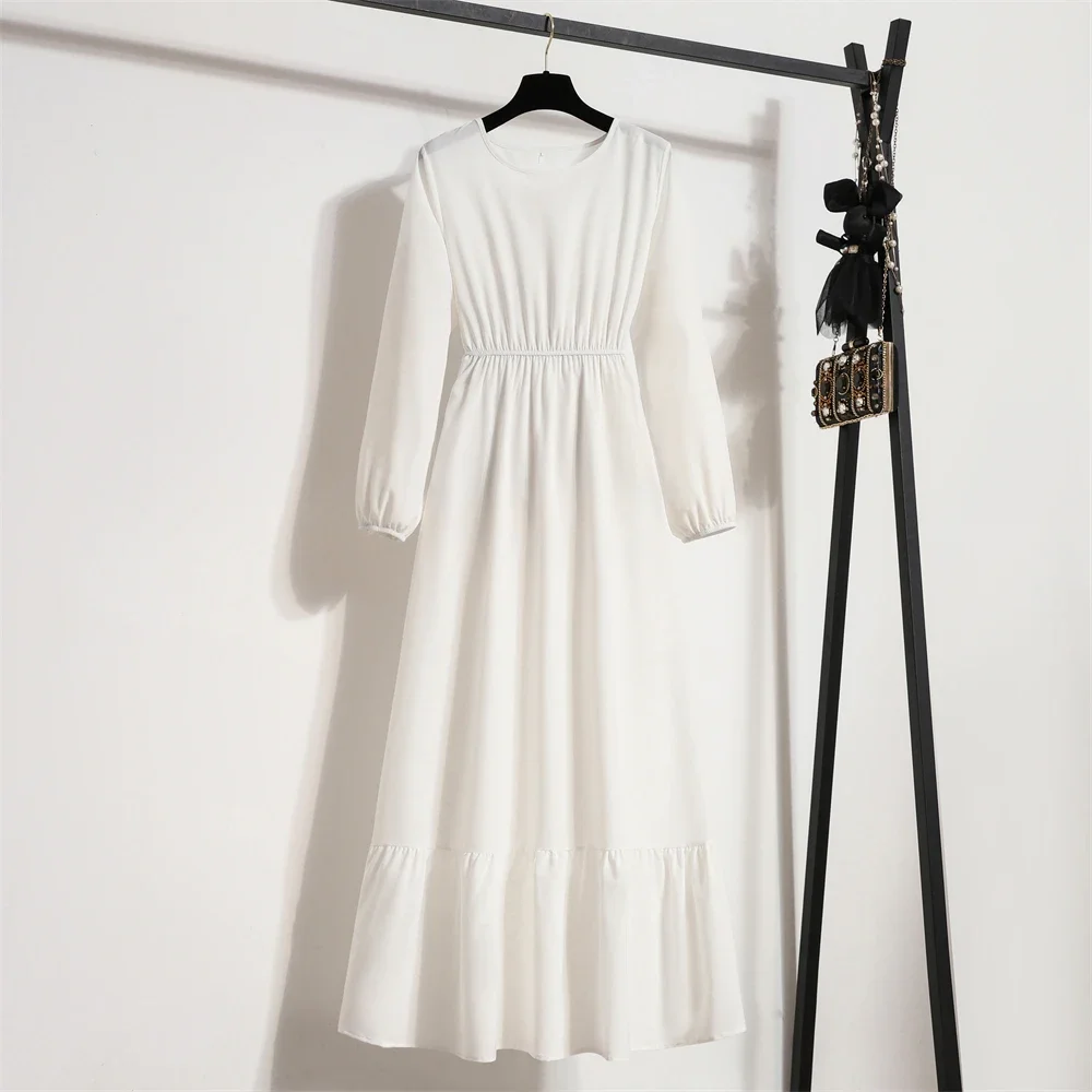 Spring Autumn Fashion Female Vestidos Solid Full Sleeve A-line O-neck Casual Chiffon Dress Women Muslim Long Dress Maxi Dresses