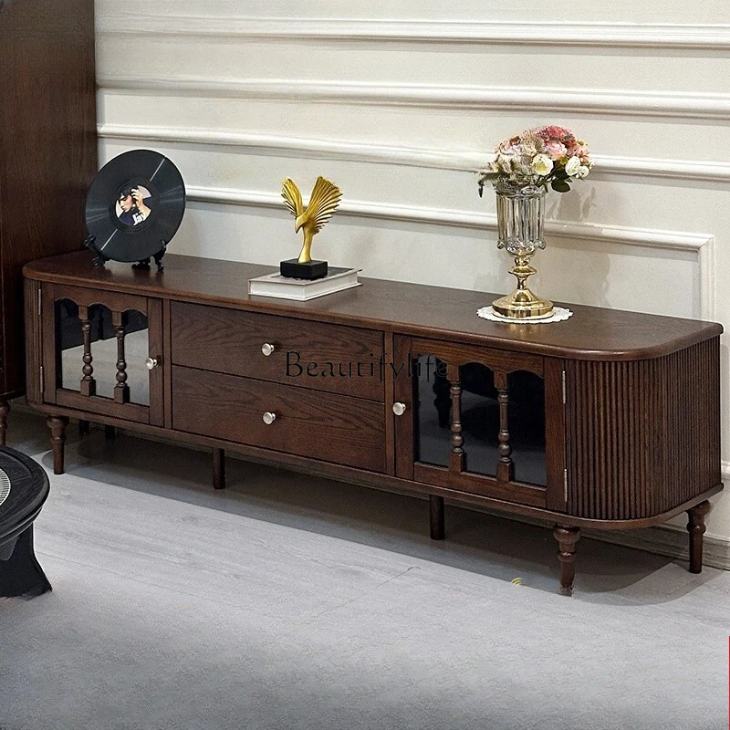 

French Retro Solid Wood TV Cabinet Walnut Color American Style Small Apartment Living Room Floor Cabinet