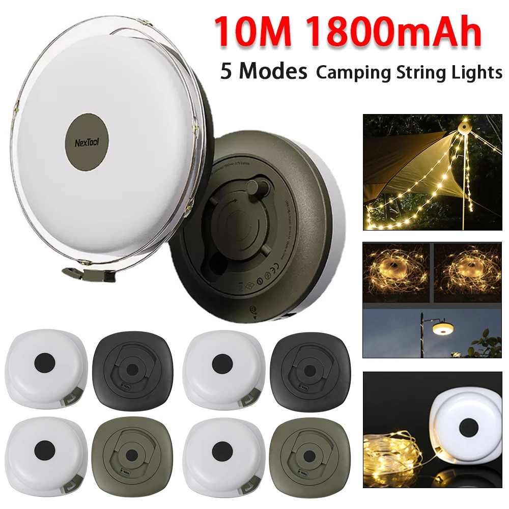 Camping String Lights,10M Light with Lanterns (2 in 1 Design),Camping Lights 1800mAh,IPX6 Waterproof,Rechargeable Flashlights