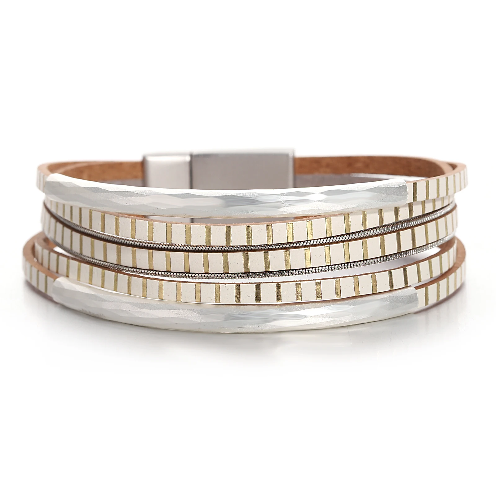

Amorcome Bohemian Fashion Curved Metal Charm Wrap Bracelet Stripes Leather Bracelets for Women Femme Jewelry Wholesale
