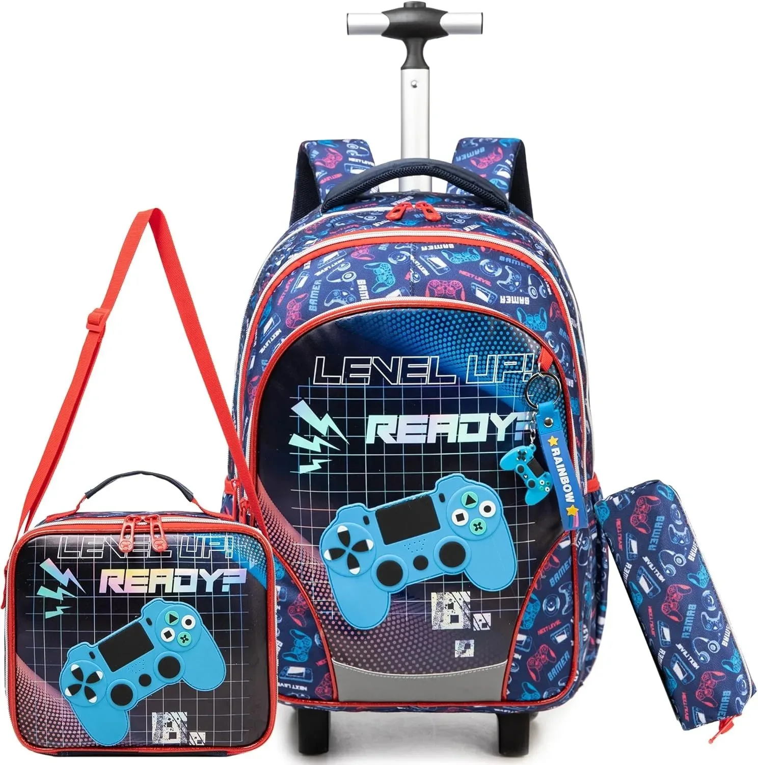 

3PCS Boys Rolling Backpack Set Cool Game Controller Design Wheel Kids Bag Durable Trolley Backpack Large Capacity School Bag