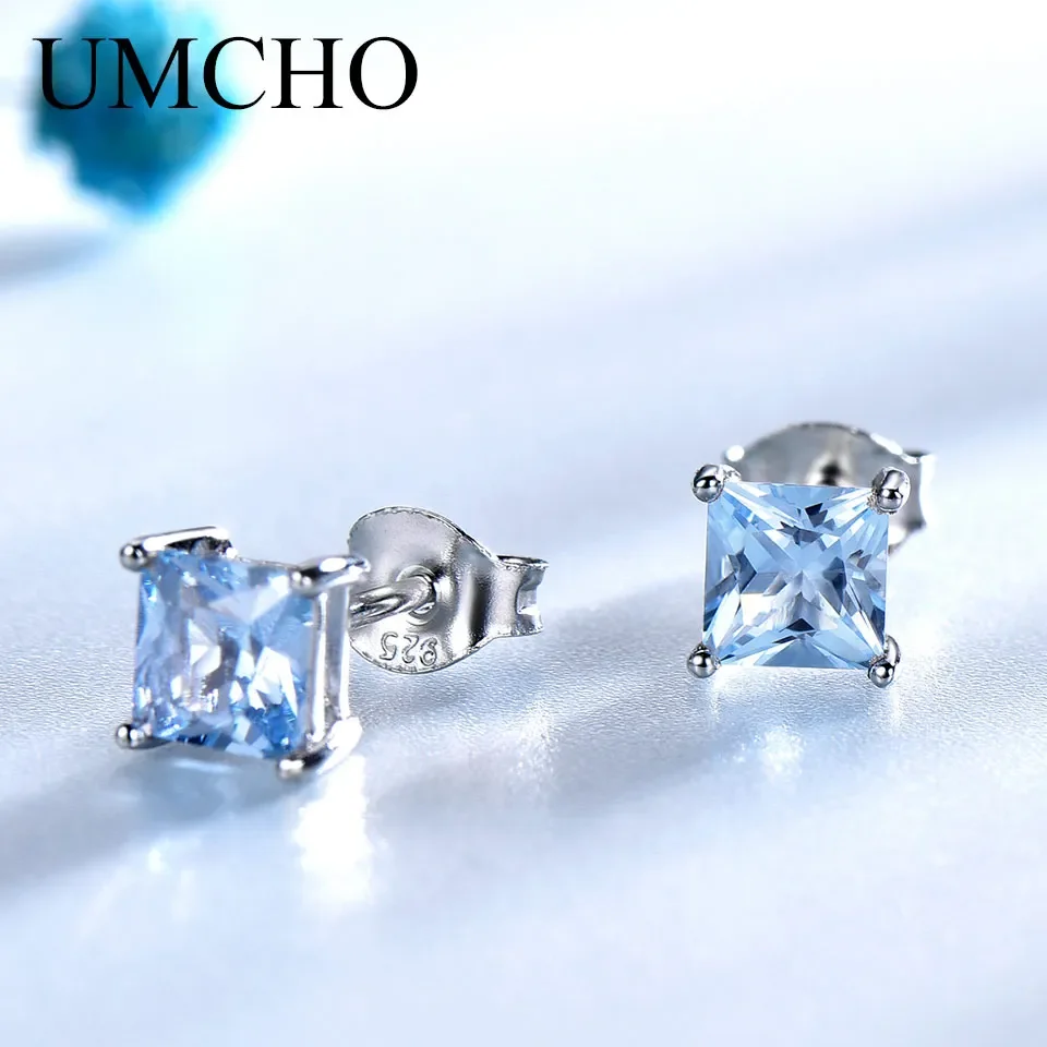 

UMCHO Real 925 Sterling Silver Jewelry Created Square Sky Blue Topaz Stud Earrings For Women Elegant Birthday Gift Fine Jewelry