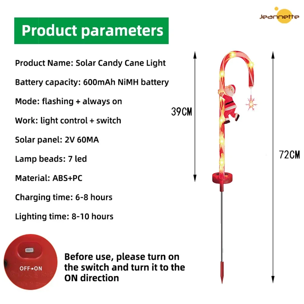 2PCS Candy Cane LED Solar Lights Christmas Lights Navidad Decor Outdoors Waterproof Cane Lights with Star Pathway Solar Lamp
