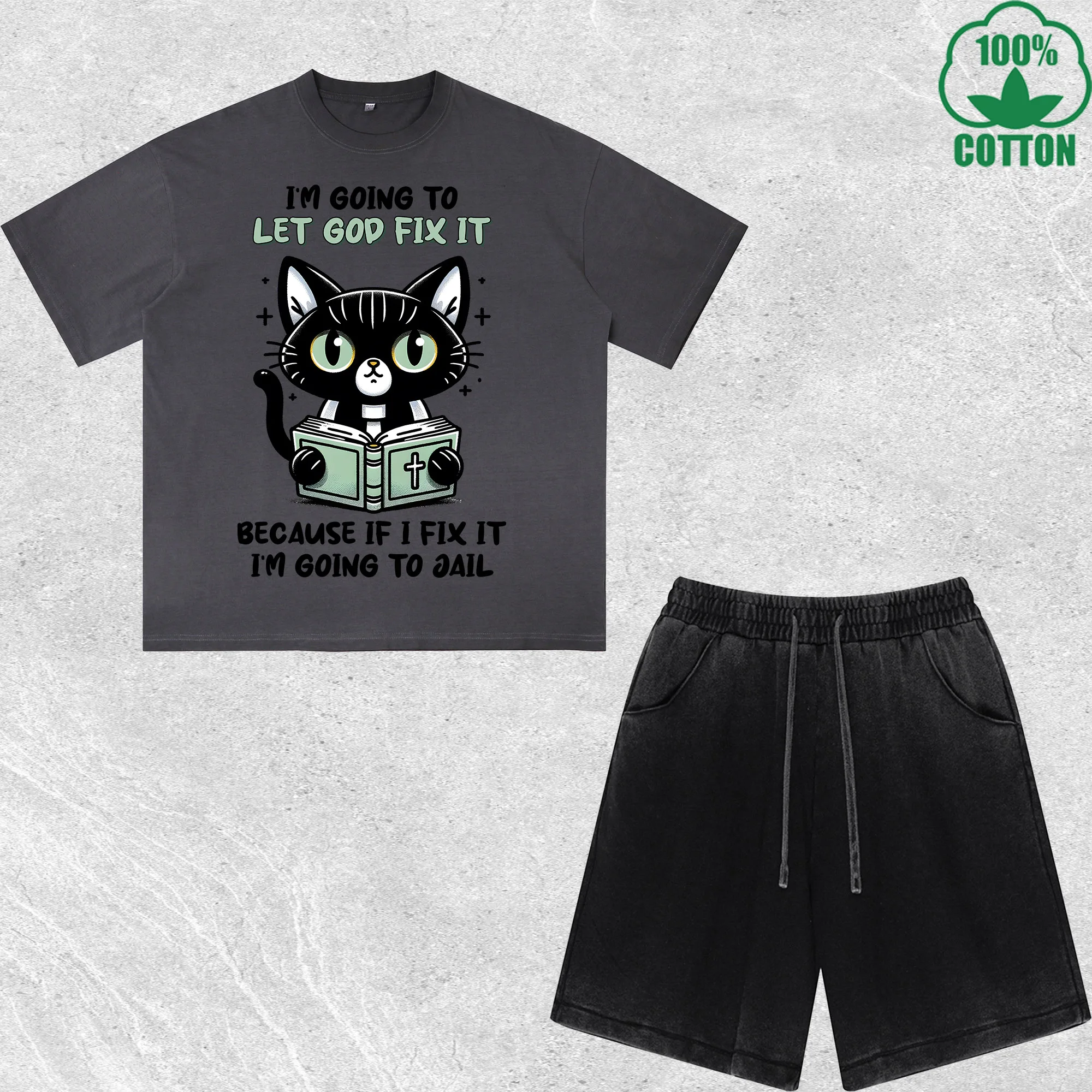 

Failure Cat Printed Dirty Wash T-Shirt Shorts Set Combo Loose Trendy Fashionable 100%Cotton Black Suit