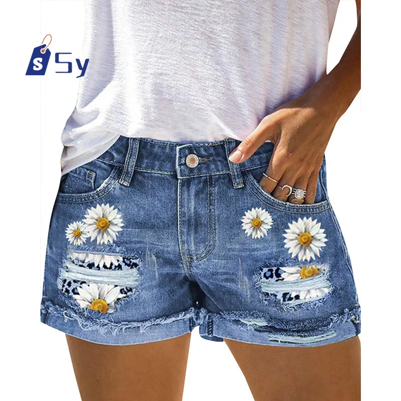 Calça jeans feminina quebrada com remendos, estilo shorts jeans, estampa floral, calça de três quartos, calça rolada casual feminina, mini jeans de