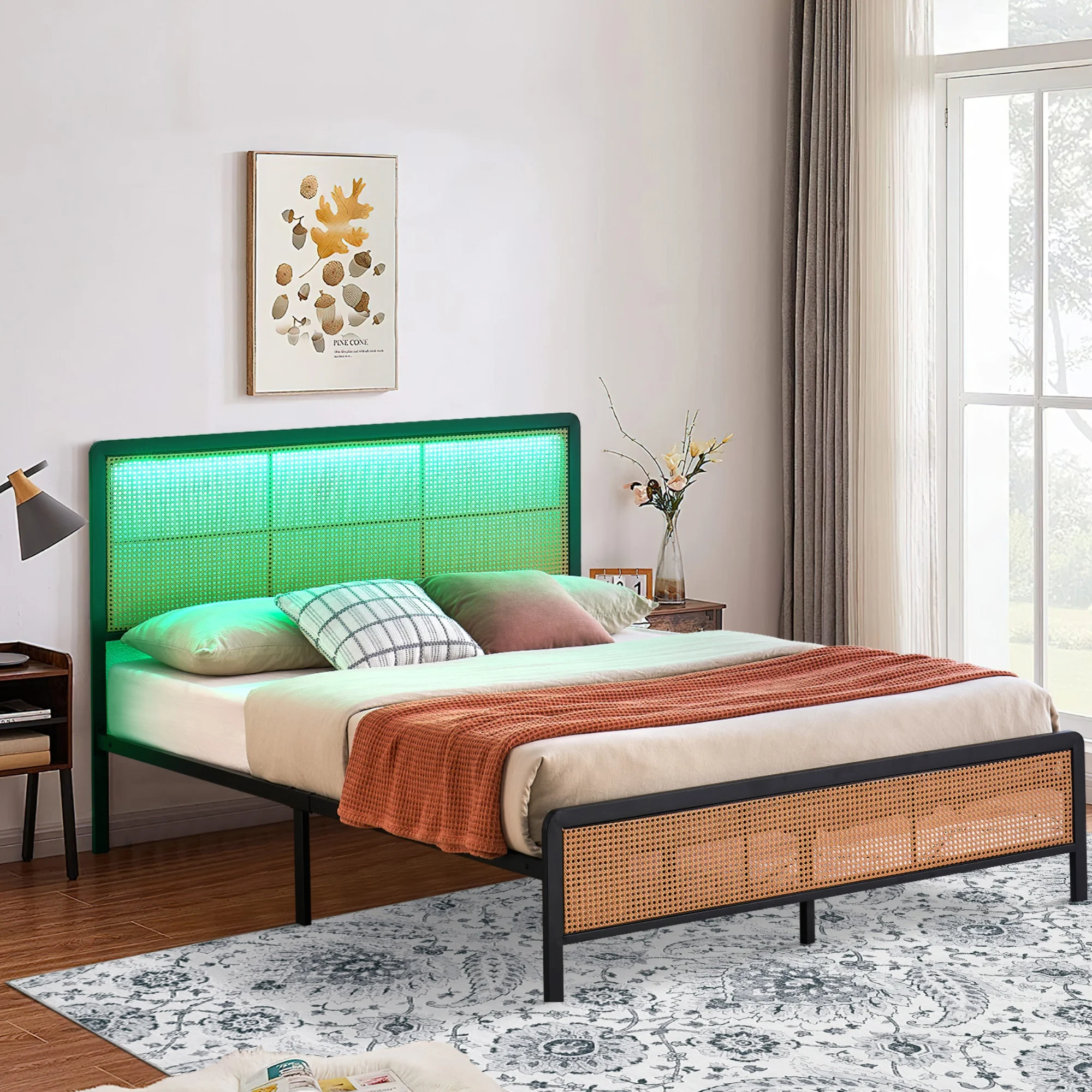 Boho Rattan Queen Platform Bed Frame - Metal Bed with Cane Headboard & Footboard, LED Light, Heavy-Duty Steel Slat Support, No Box Spring Needed - White