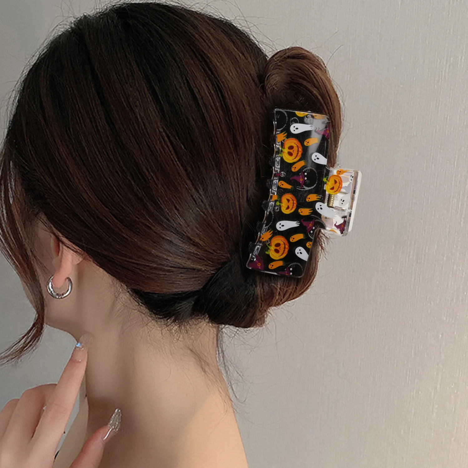 ハロウィンカボチャコウモリプリントヘアクリップ女性のためのエレガントなパーティーヘッドバンドクリップファッションヘアアクセサリー