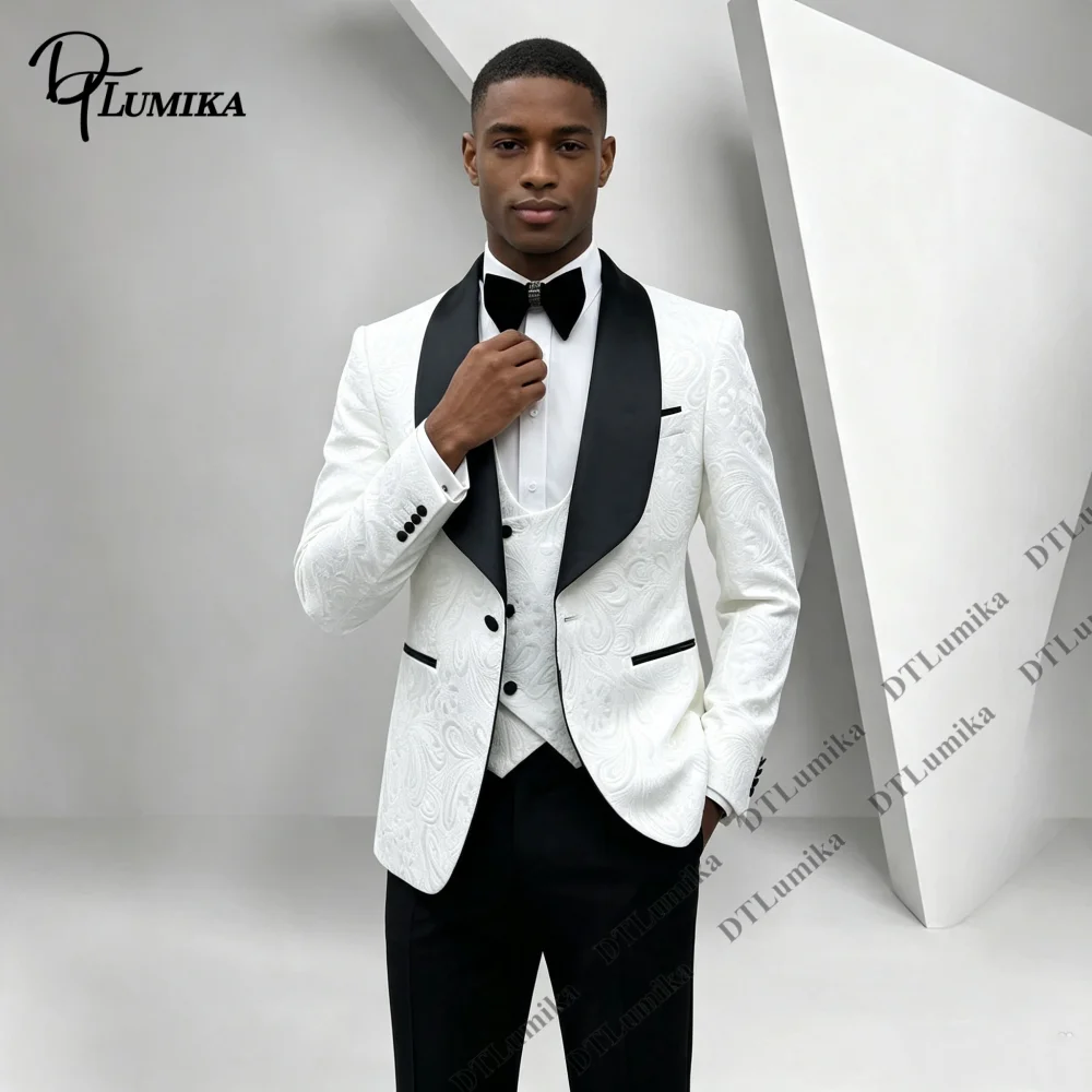Men's 3 Piece White Paisley Suit Black Contrast Shawl Lapel Slim Fit Wedding Tuxedo Groom Formal Blazer Vest Pants Set XS-3XL