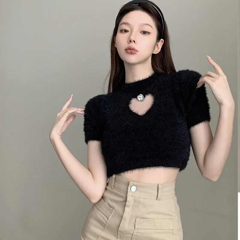 New Spring Autumn Love Hollow Out T-shirts Women Black Pink Color Faux Mink Cashmere Short Sleeve Knitted Cropped Tops