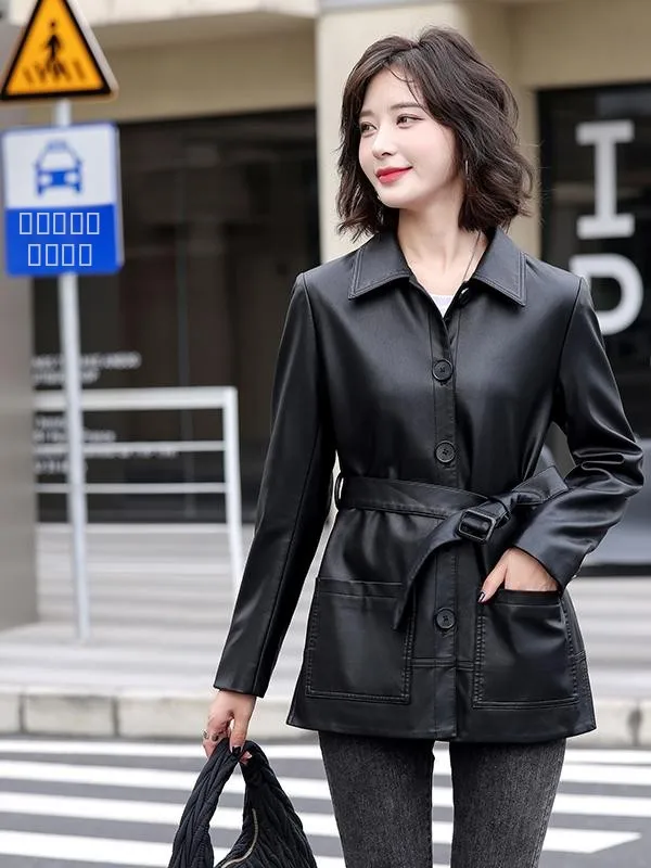 Haining Genuine Leather Jaet Women's 2025 New Spring Autumn eepskin ort Sle Belted Casual Leather Coat