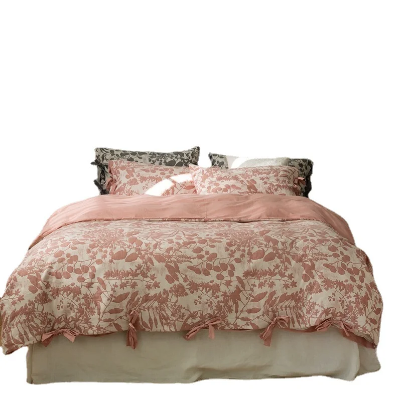 

2025 Soft Stone Washed Cotton Jacquard Four Piece Bedding Set With Flat Sheet Fitted Sheet Bedsheets Bed Sheet Set