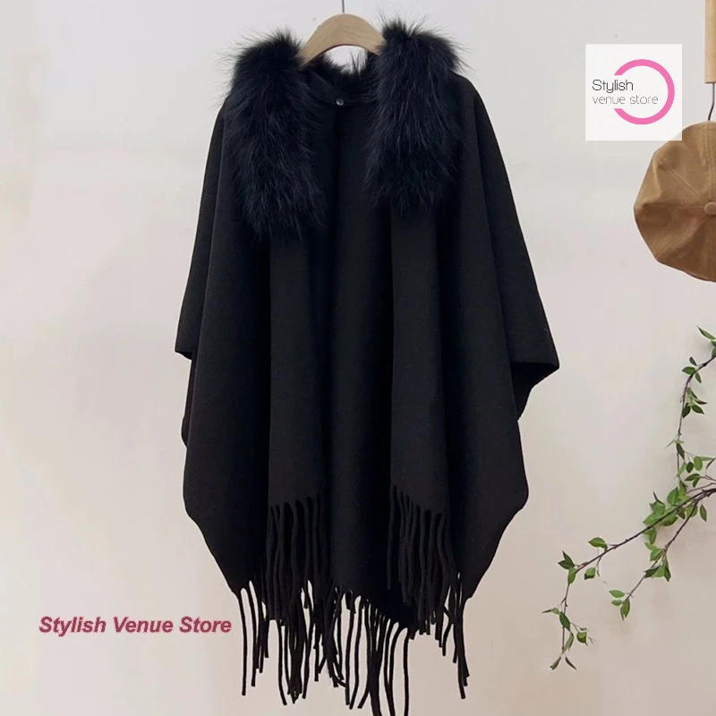 French-style ladies' pure color fur collar imitation collar cloak women's autumn and winter tassel coat knitted casual cardigan